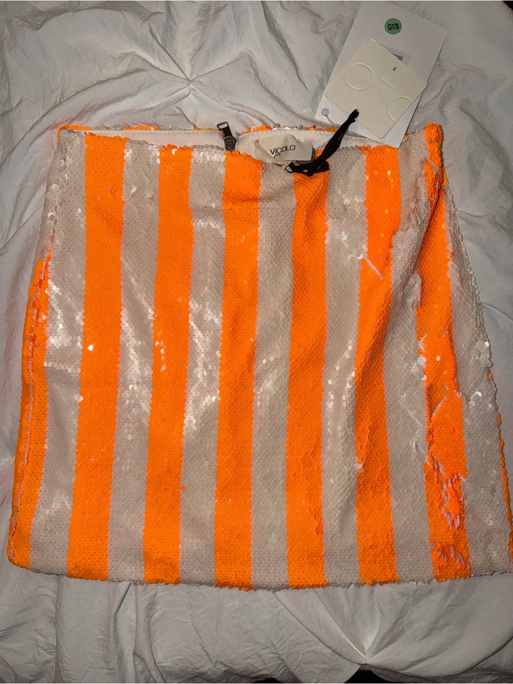 Neon Orange & Cream Sequin Stripe Vicolo Mini Skirt